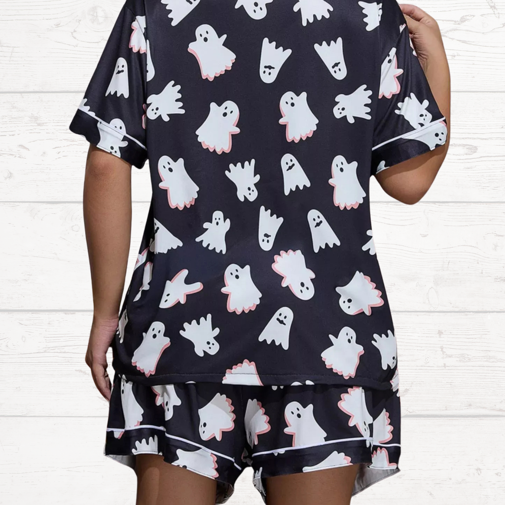 Black ghost-print button-down lounge set with short sleeves and matching shorts