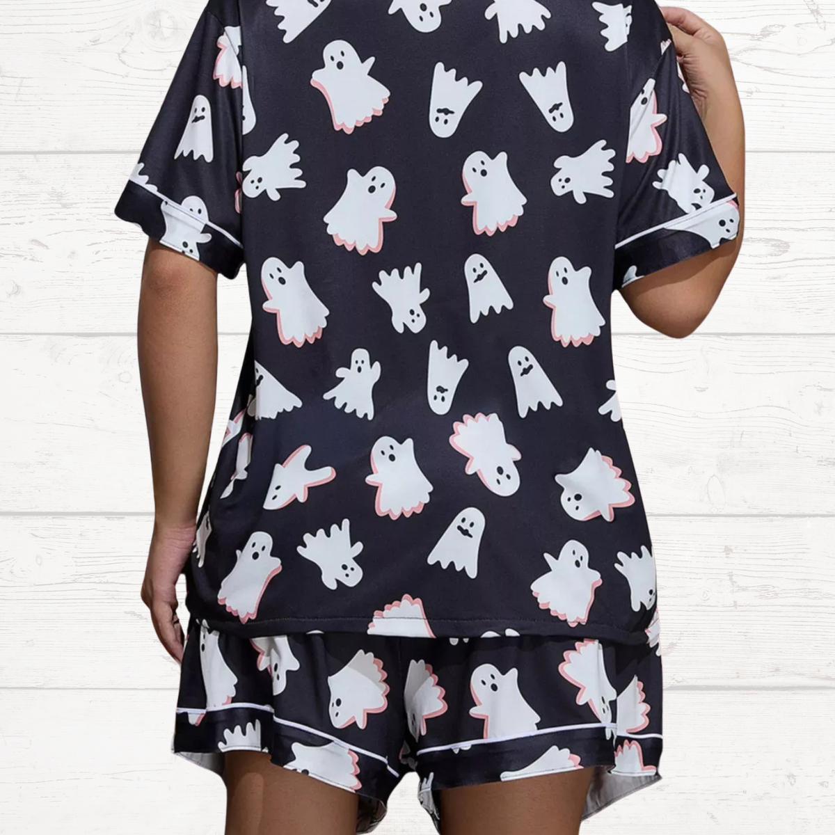 Black ghost-print button-down lounge set with short sleeves and matching shorts
