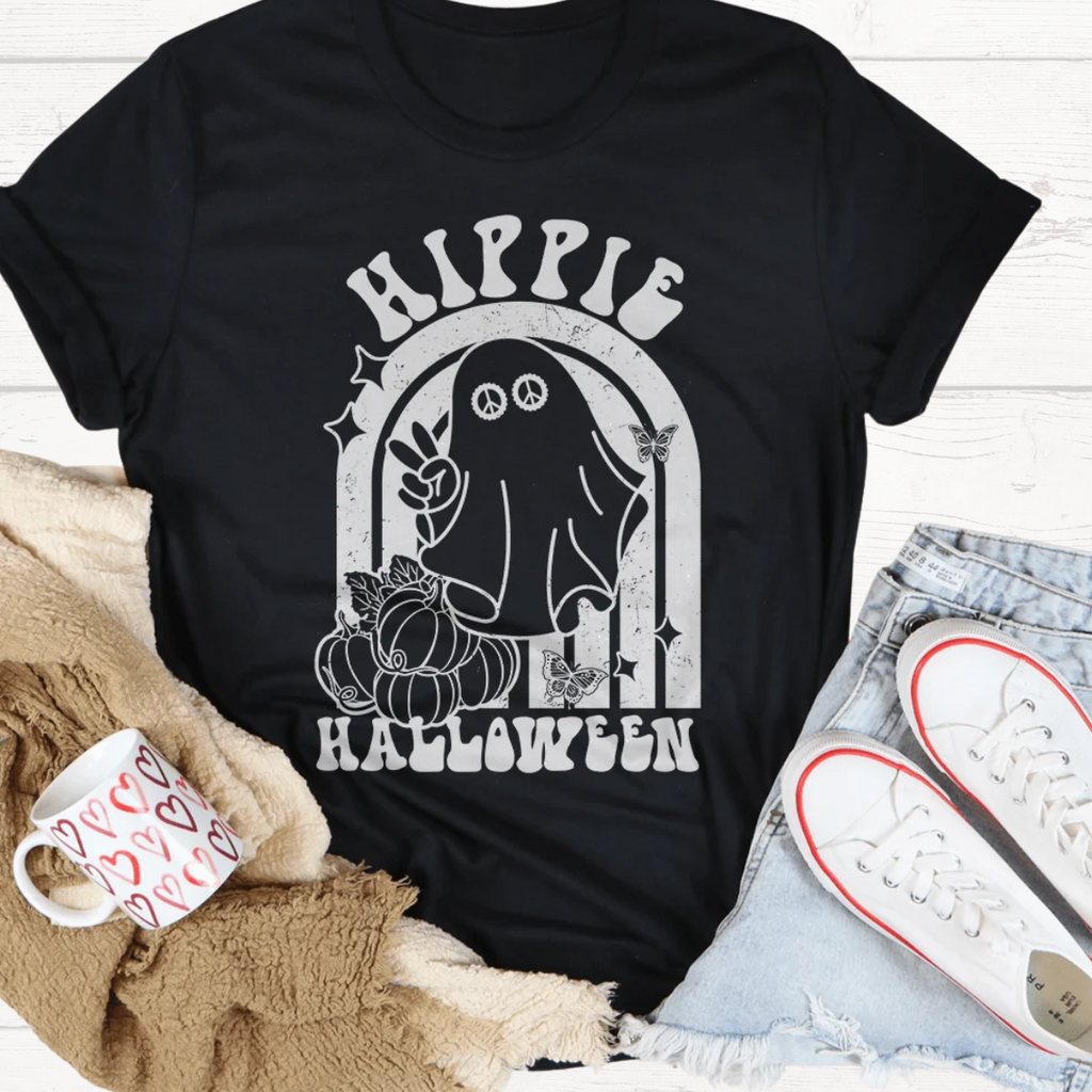 Black Halloween graphic T-shirt with Hippie Halloween arch cat face print