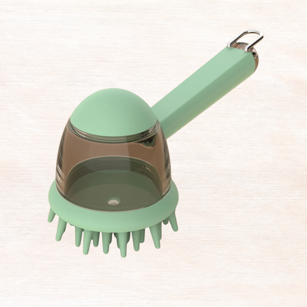 Soap-dispensing pet bath brush, mint green bristle head with clear soap cup