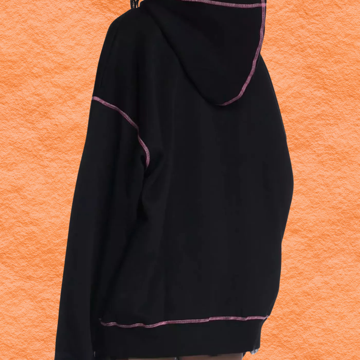 Black zip-up drawstring hoodie with pink piping trim and hood.
