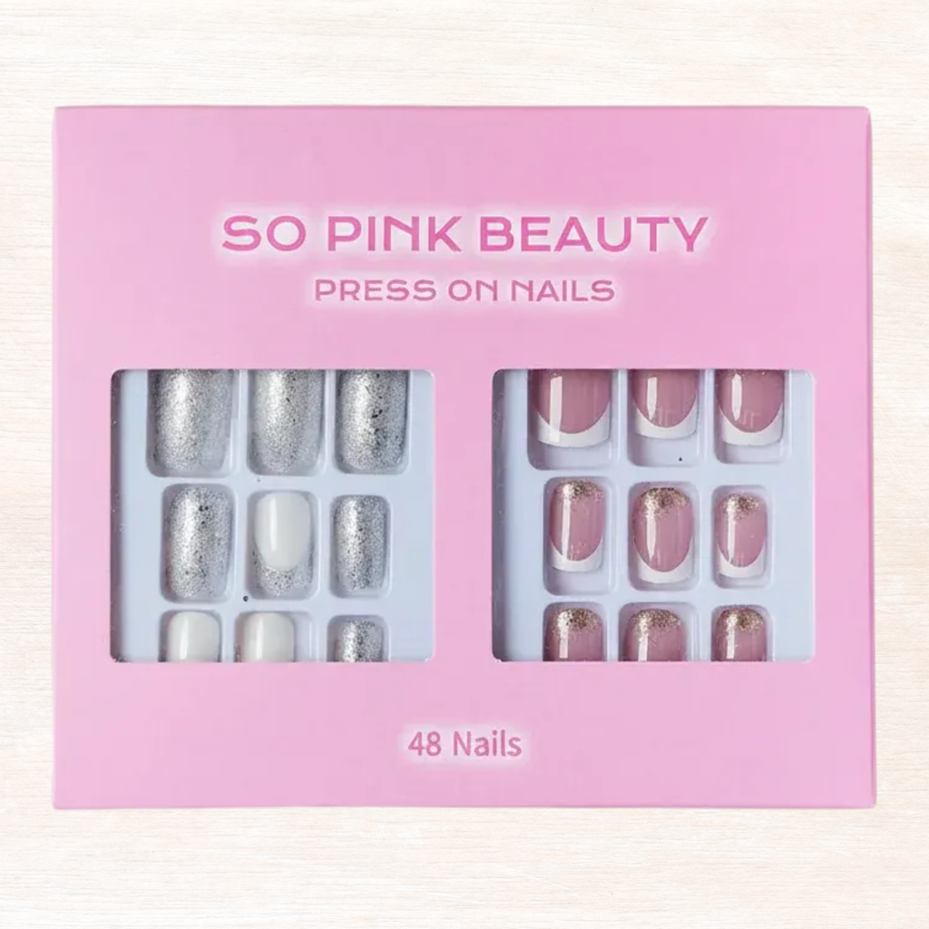 Press-on nails set: silver chrome nails and pale pink half-moon, 48 nails in 2 panels