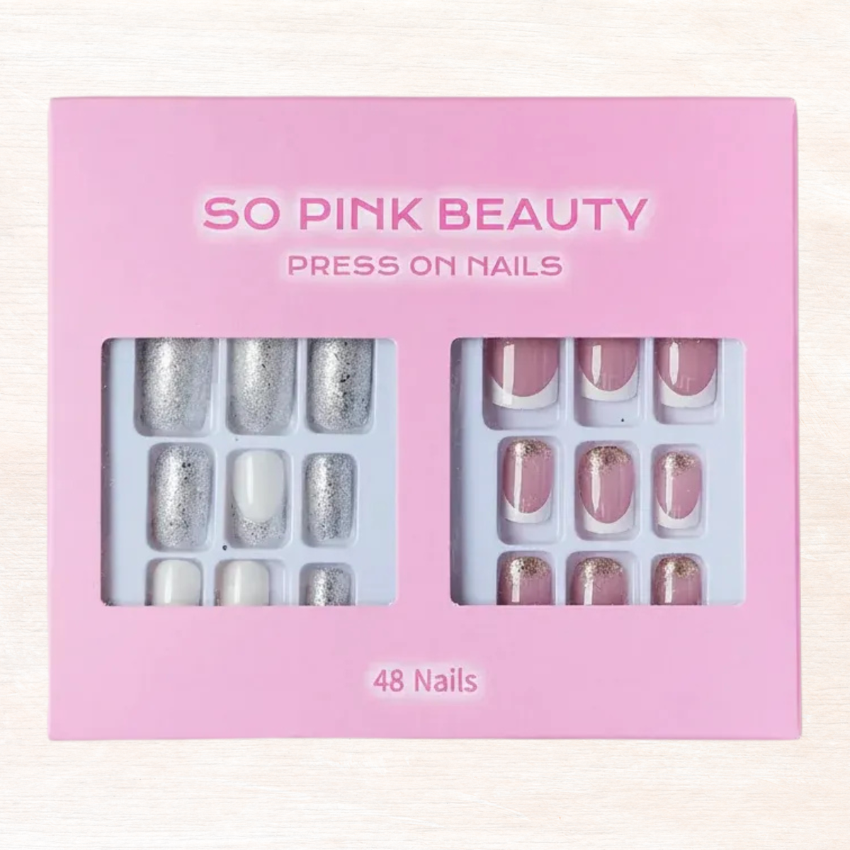 Press-on nails set: silver chrome nails and pale pink half-moon, 48 nails in 2 panels