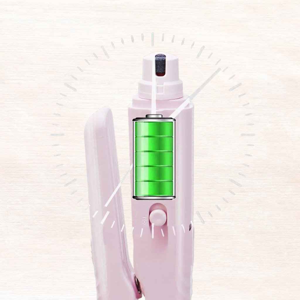 Electric pet nail grinder close-up, pale pink body with green grinding drum inside