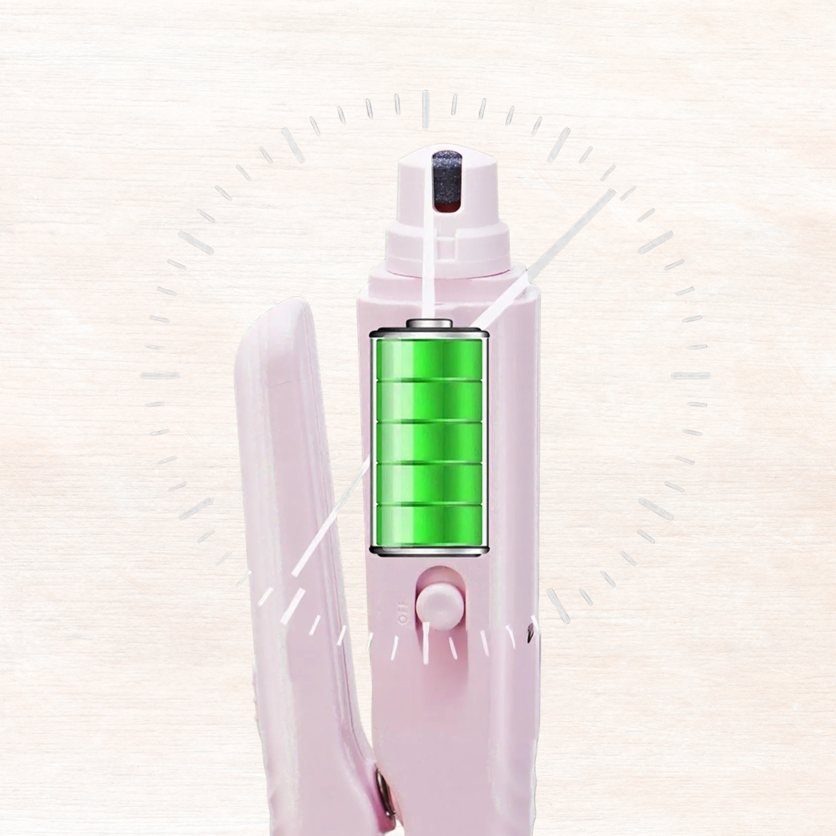 Electric pet nail grinder close-up, pale pink body with green grinding drum inside