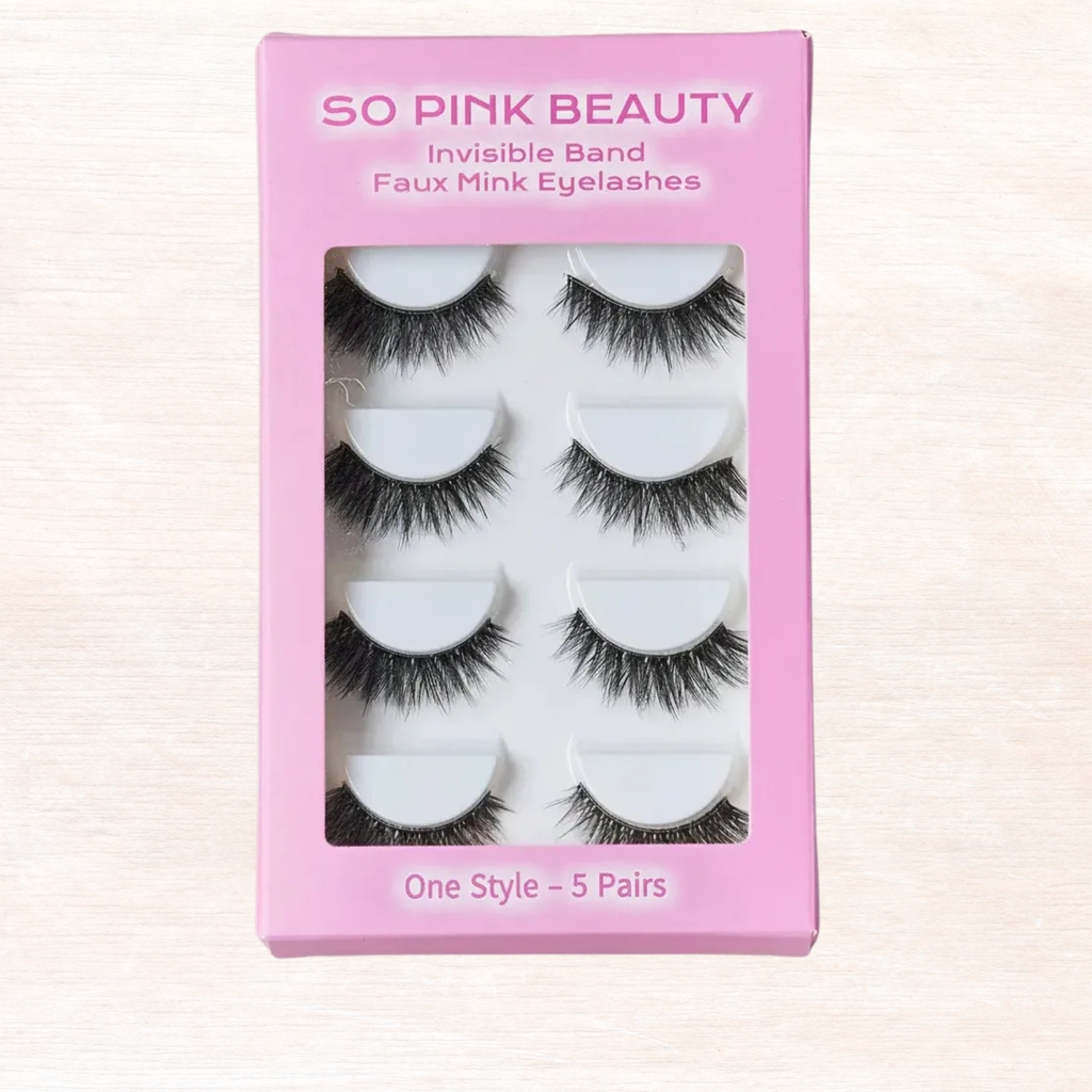 SO PINK BEAUTY faux mink eyelashes box, invisible band lashes, five pairs in window