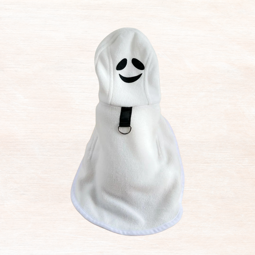 White hooded pet costume coat with smiling face patch and front buckle strap