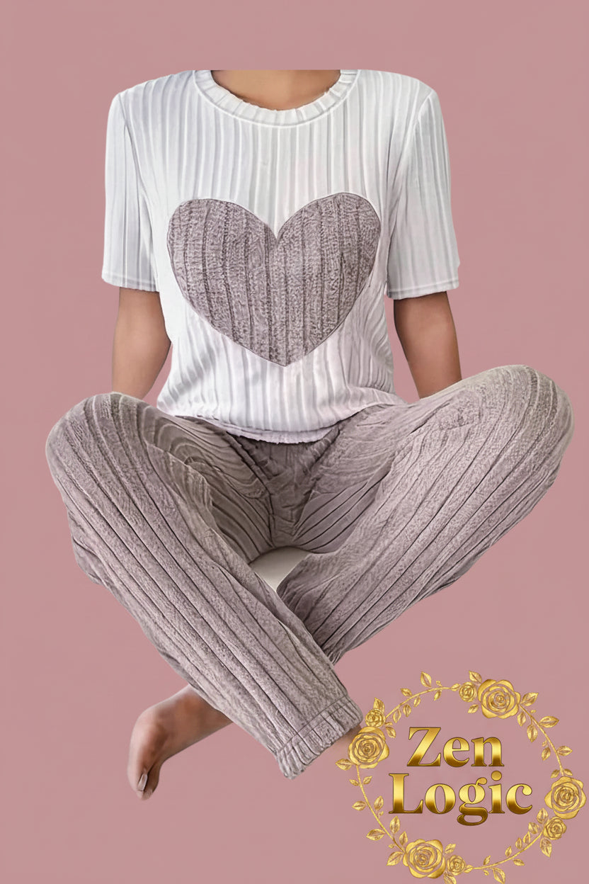 Heart Ribbed Knit Top and Pants Lounge Set - Goldflame Elixir