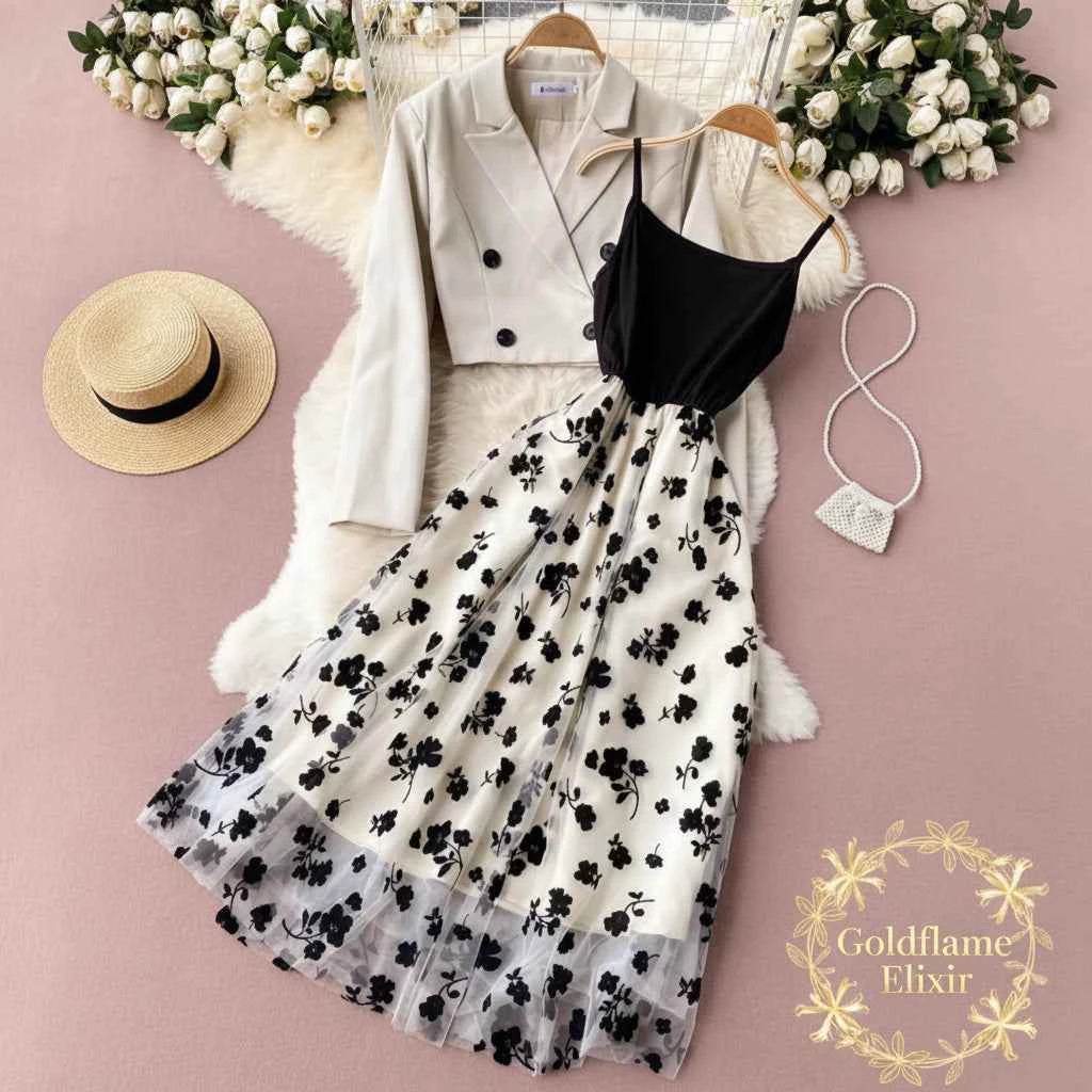 Floral Mesh Dress and Blazer Set - Goldflame Elixir