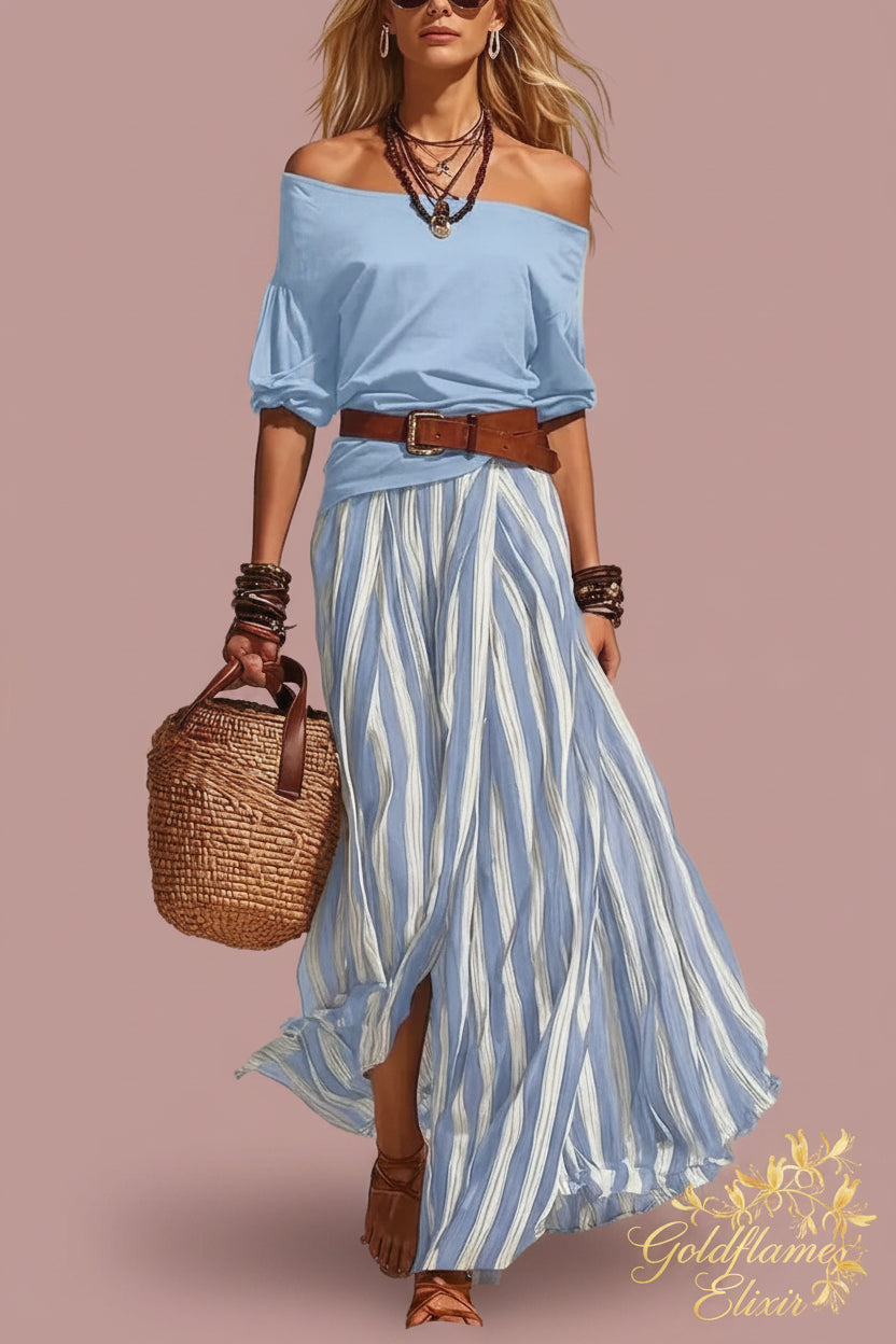 Off Shoulder Top and Striped Maxi Skirt Set with Belt - Chic Two-Piece Ensemble - Goldflame Elixir
