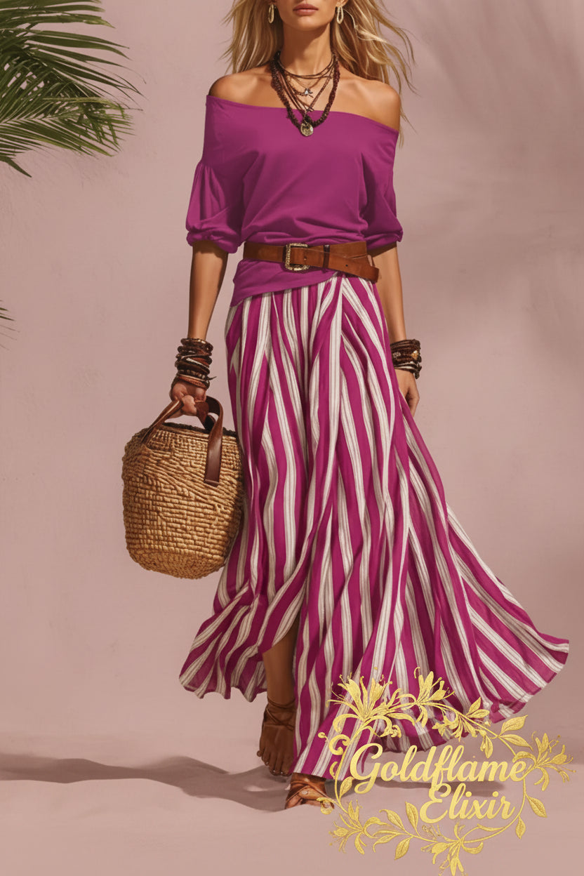 Off Shoulder Top and Striped Maxi Skirt Set with Belt - Chic Two-Piece Ensemble - Goldflame Elixir