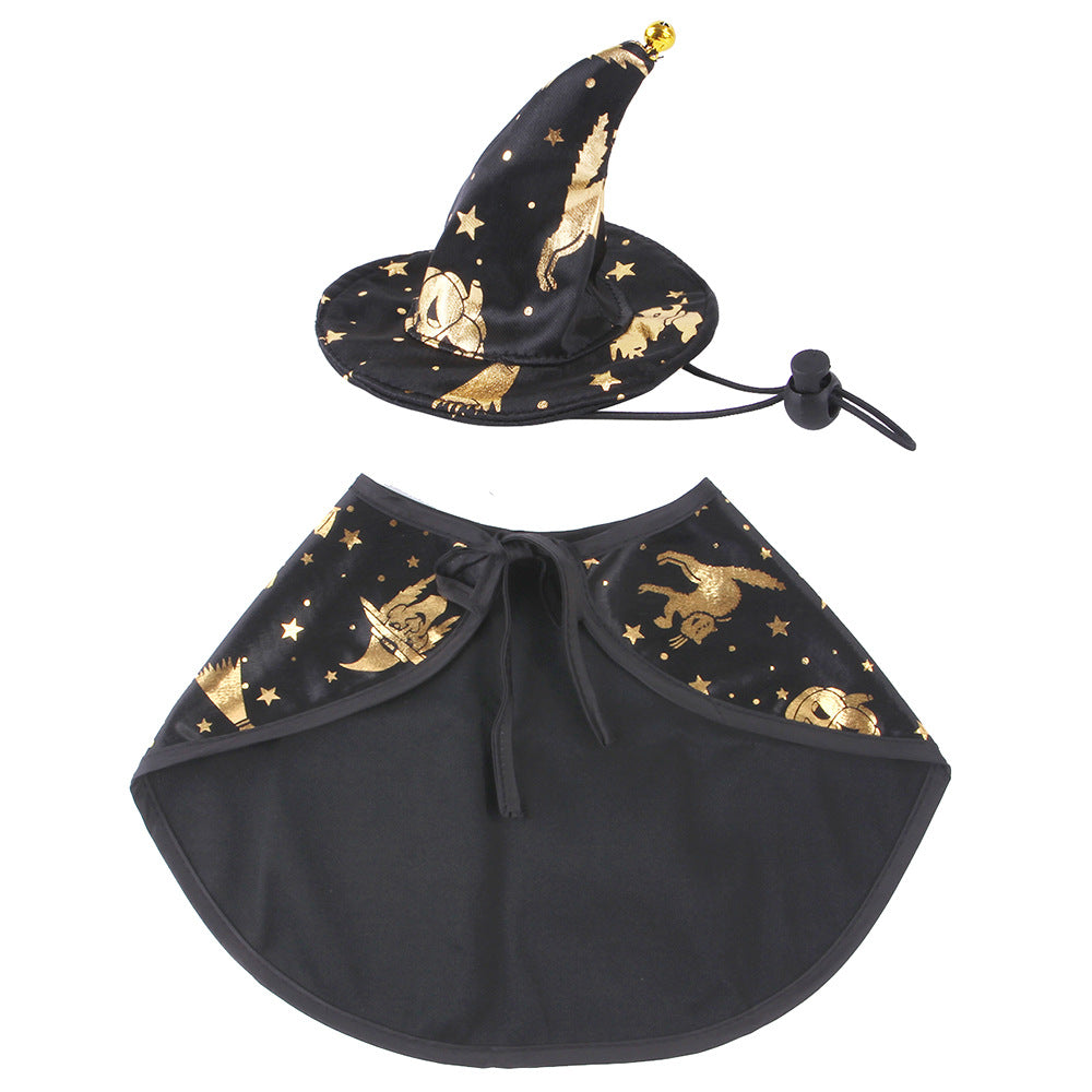 Black witch hat and cape for pets, star print with gold animal graphics and tie closure
