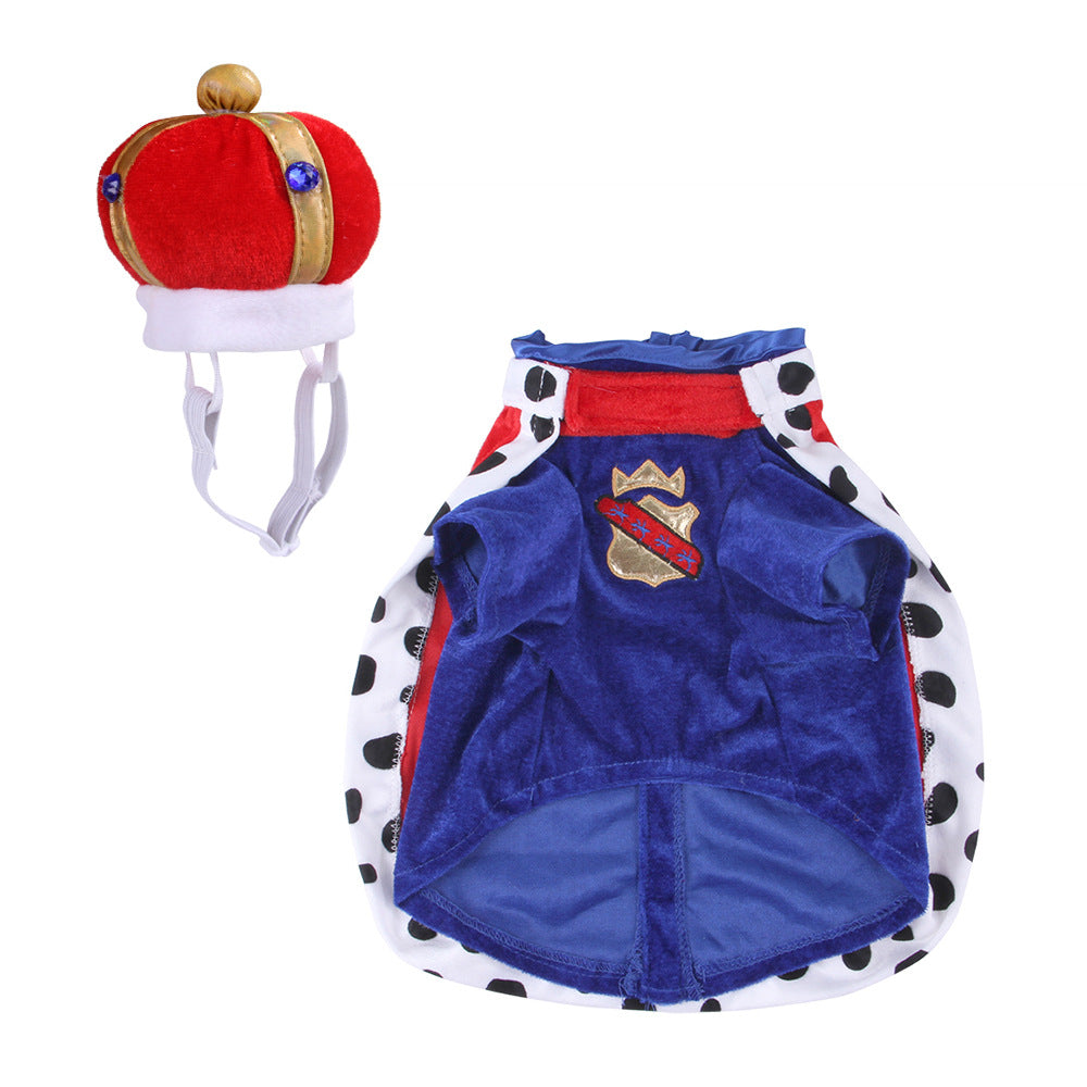Set of pet king costume with red crown hat and blue robe with white spotted sleeves
