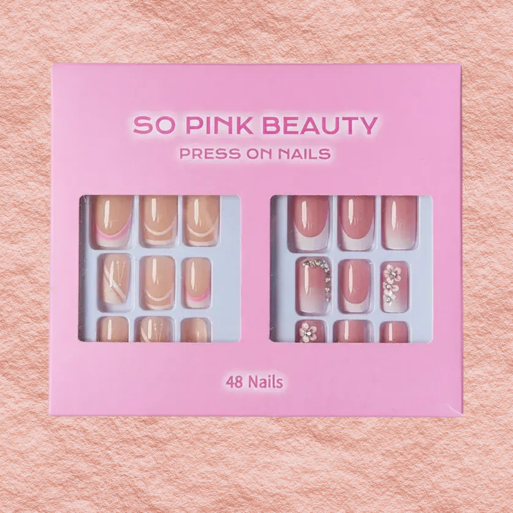 Press-on nail set in pink display box, nude gold and pink floral mix, 48 nails