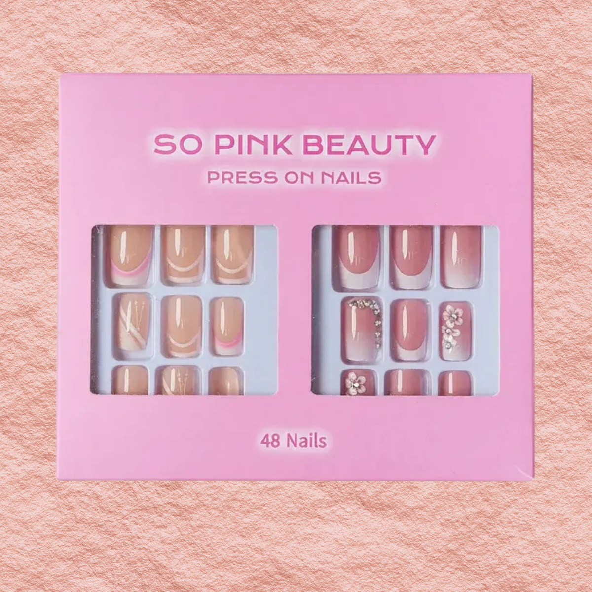 Press-on nail set in pink display box, nude gold and pink floral mix, 48 nails