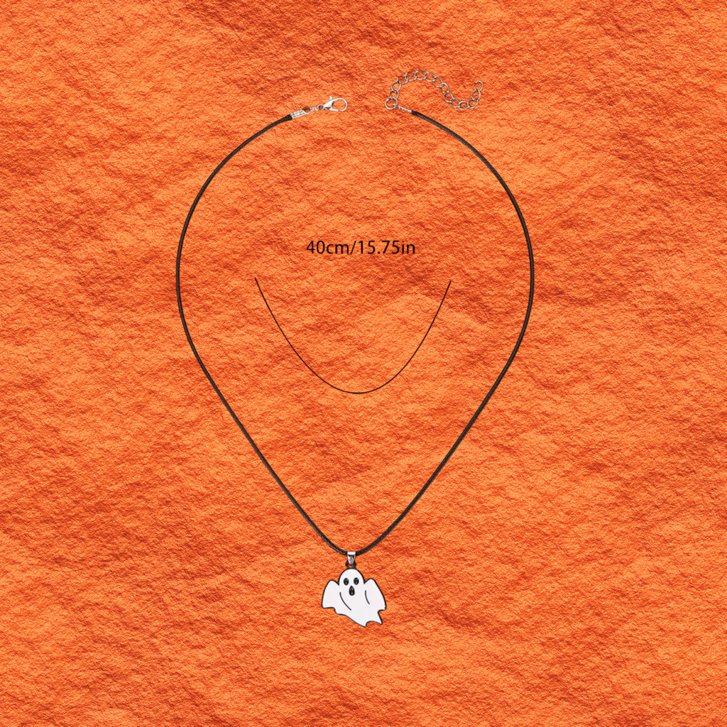 Halloween ghost charm necklace with thin black cord and small white ghost pendant