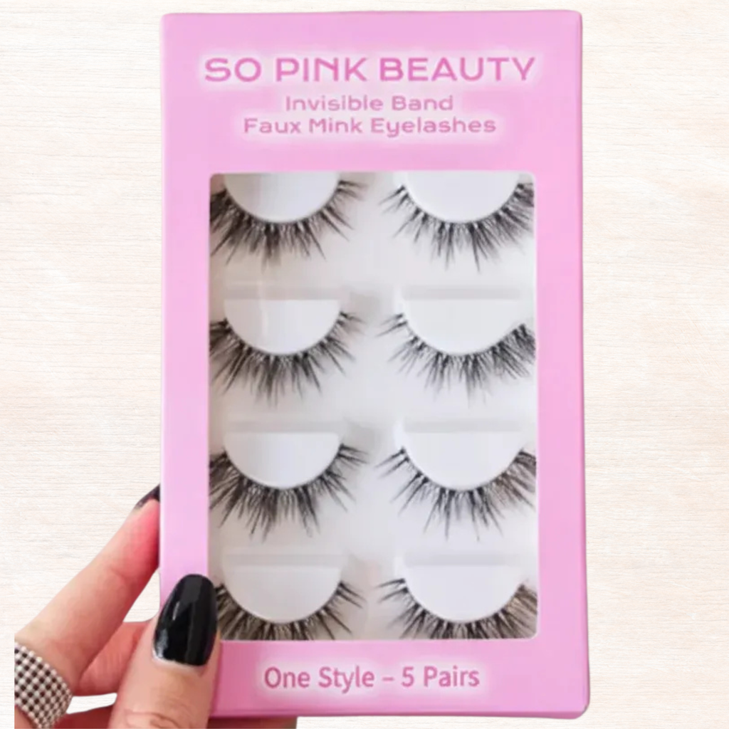 SO PINK BEAUTY faux mink eyelashes box, invisible band, five pairs; three lashes visible