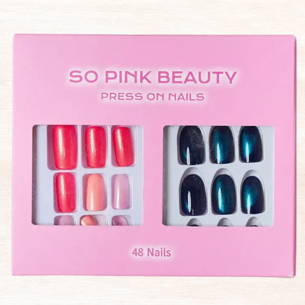 Press-on nails set: red glossy tips and dark blue teal chrome nails, 48 nails in panels