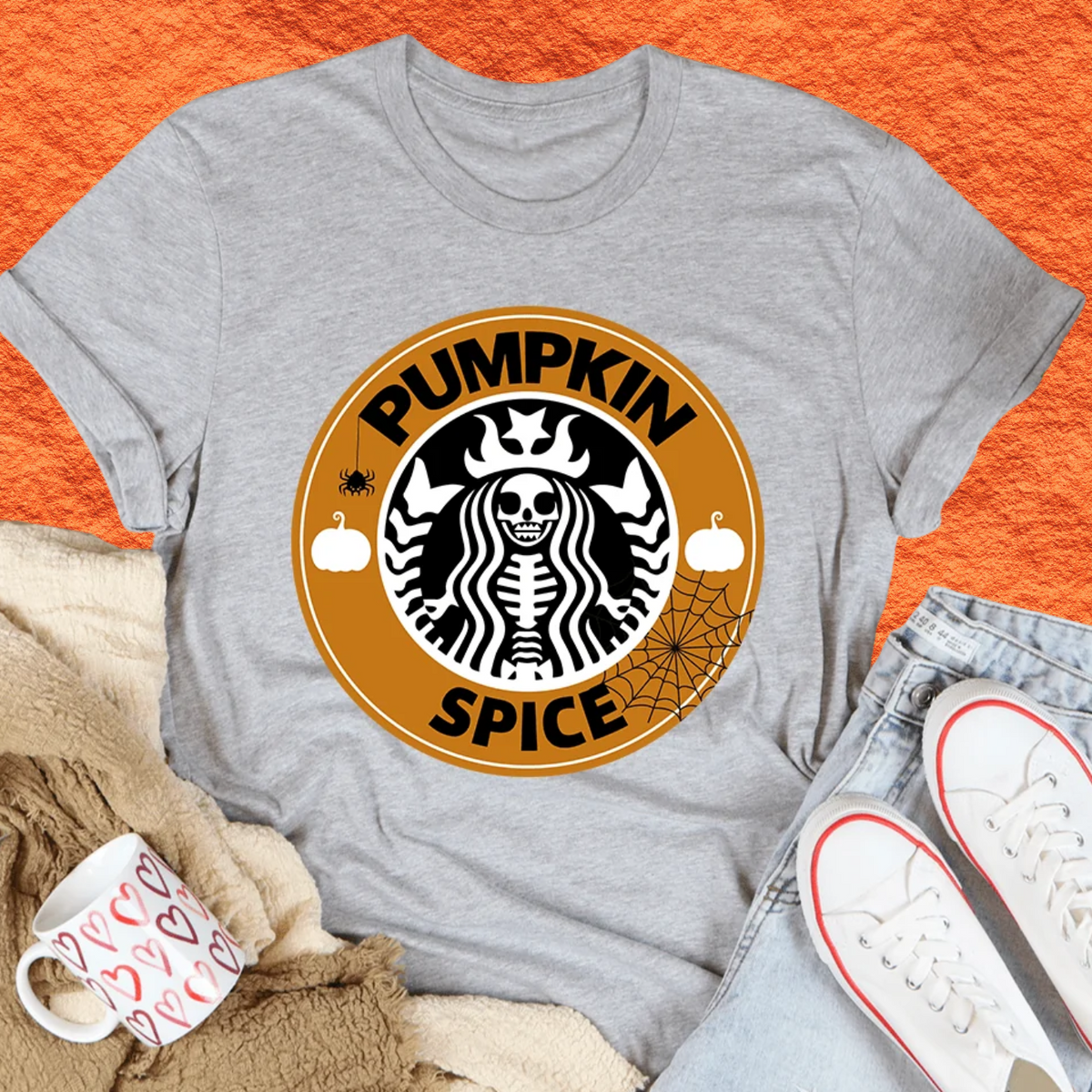 Heather gray crewneck T-shirt with Pumpkin Spice graphic logo on front