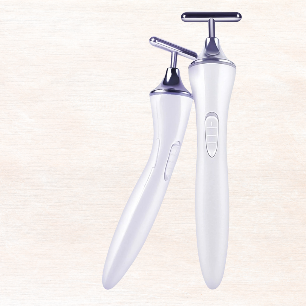 Pair of white microcurrent facial massagers with T-shaped electrode heads