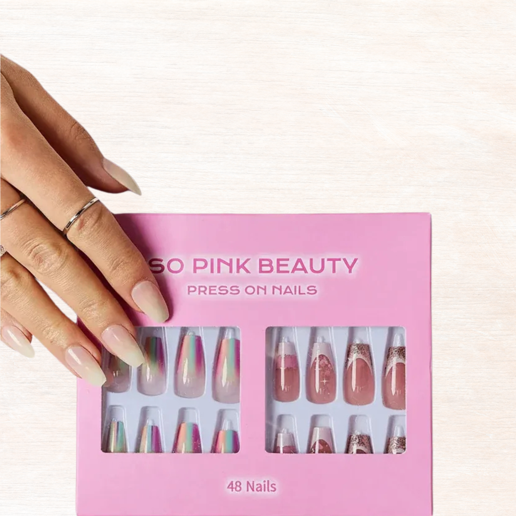 Press-on nail set box held in hand, pastel rainbow foil nail designs, 48 nails