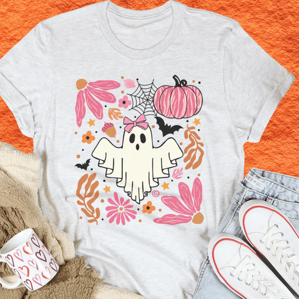 Heather light gray Halloween ghost T-shirt with pink pumpkin and colorful floral spiderweb