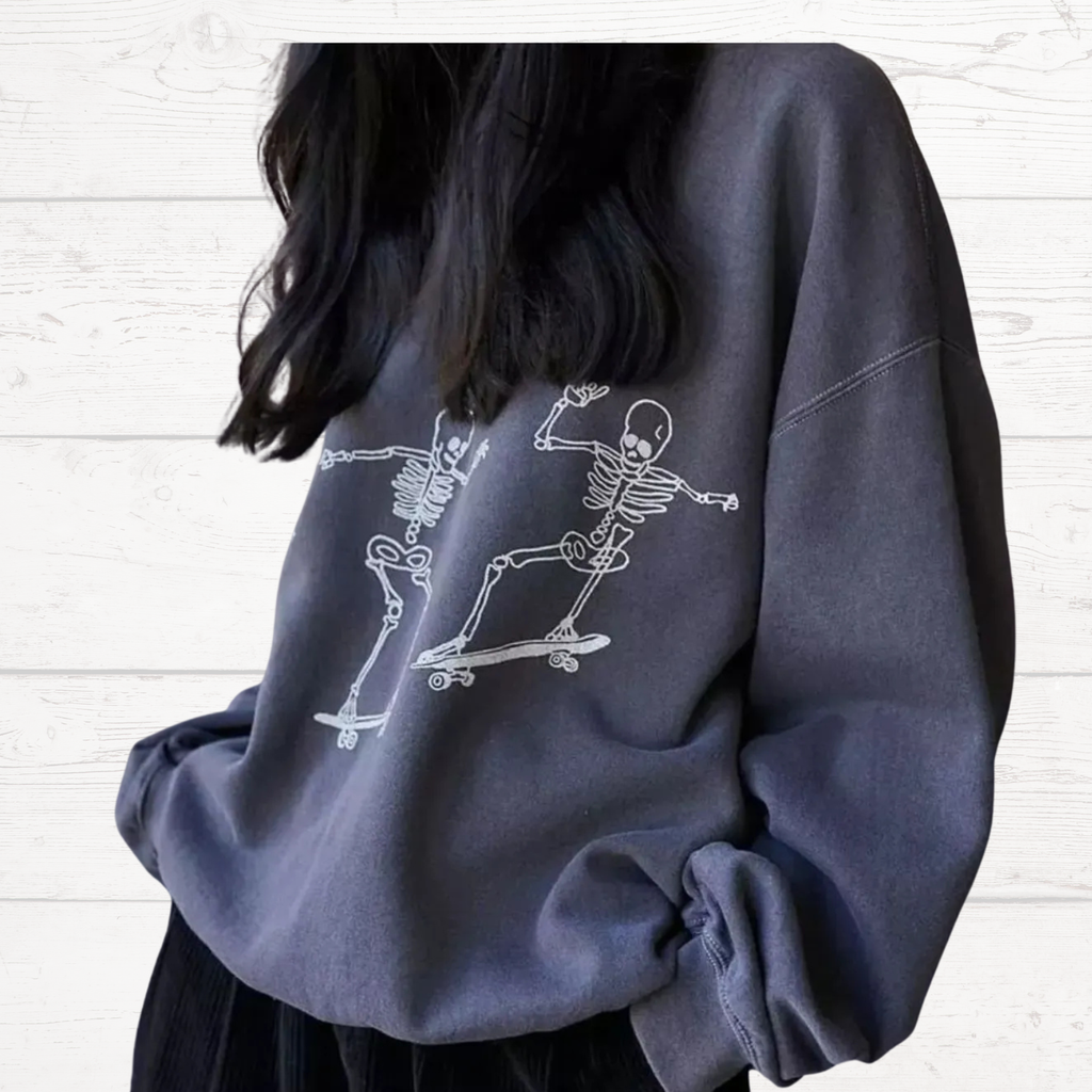 Dark gray oversized sweatshirt with white skeleton graphic across chest