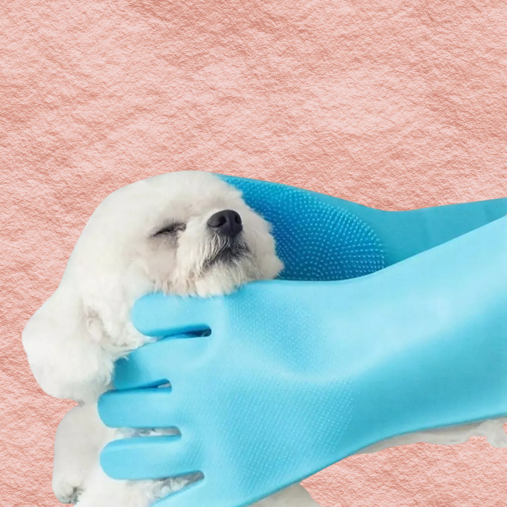 Sky blue pet grooming shower gloves with textured silicone tips