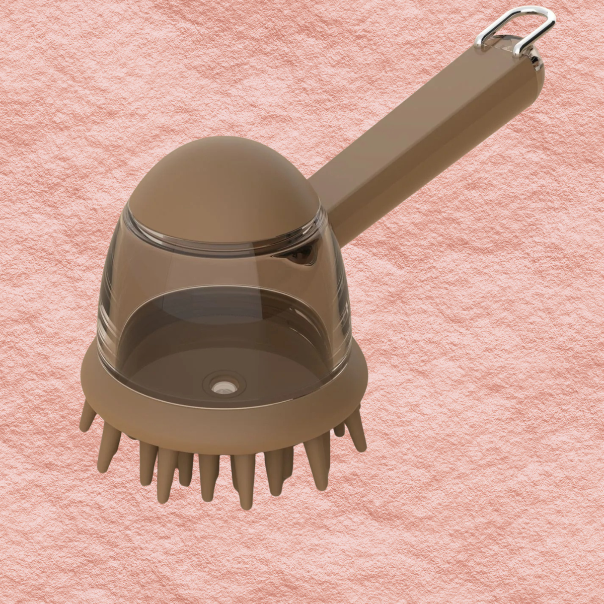 Soap-dispensing pet bath brush, taupe bristle head with clear soap cup