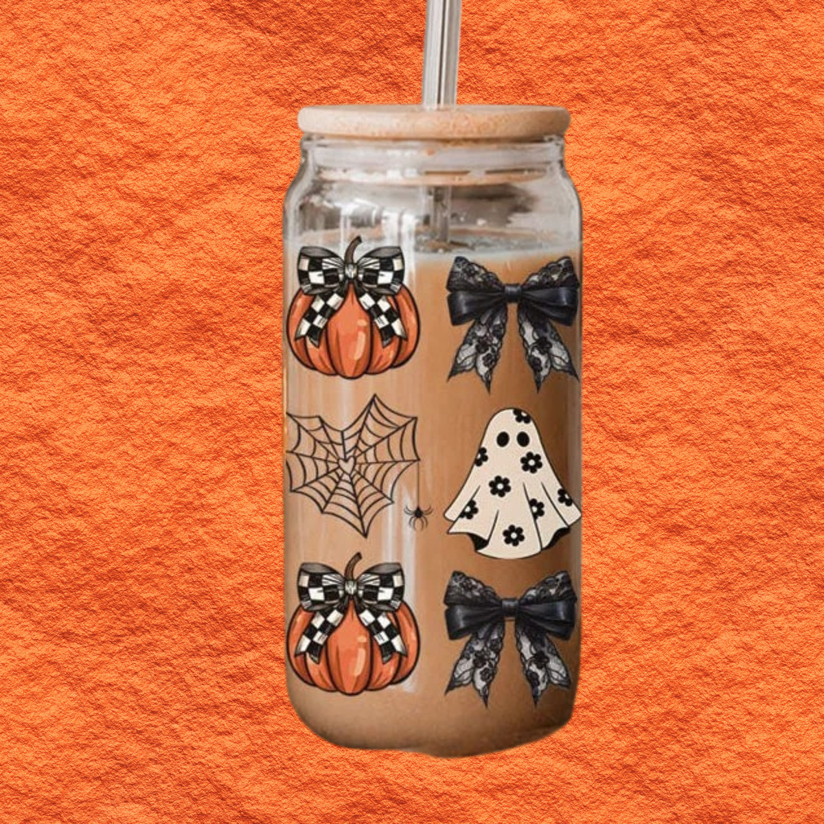 20oz Halloween drink jar with straw and wooden lid, pumpkin, spiderweb, and bat pattern