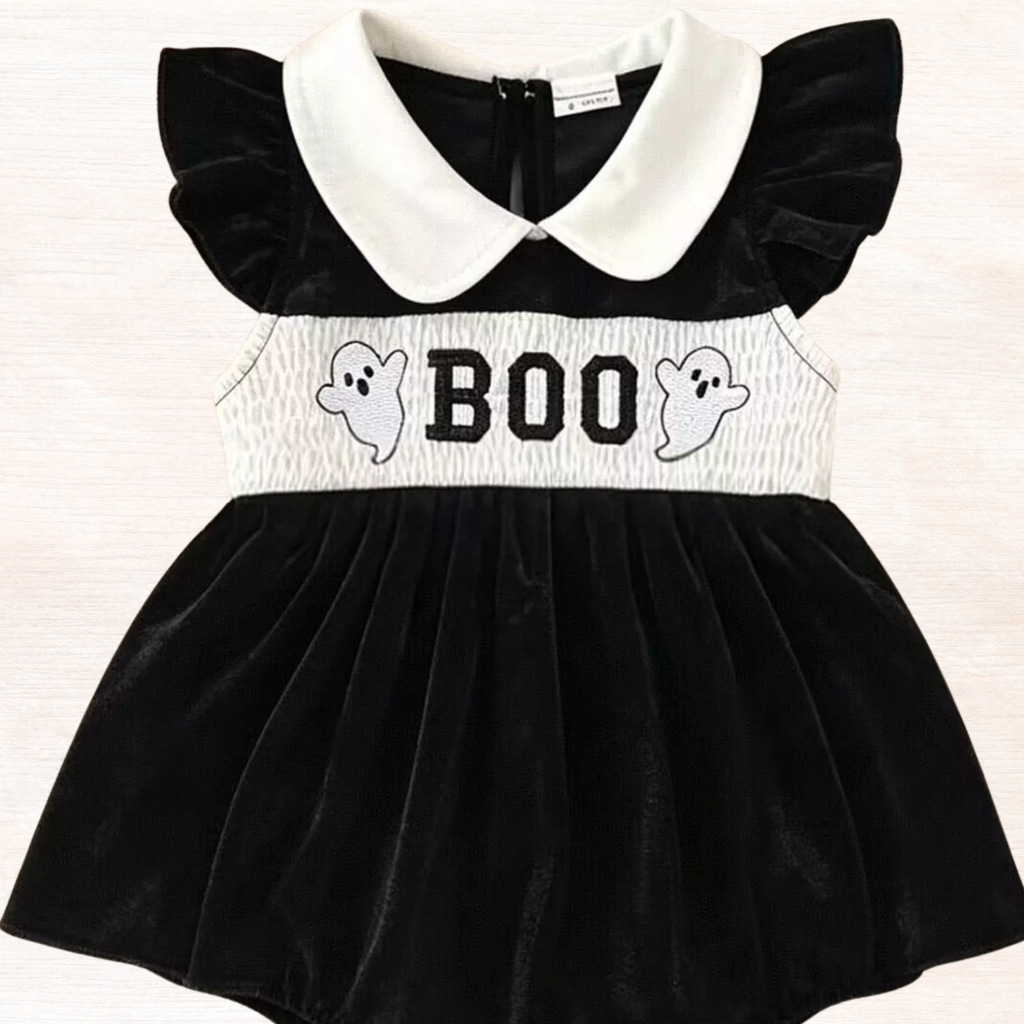 Black velvet ghost bodysuit dress with white Peter Pan collar, 'BOO' print and ruffled sleeves