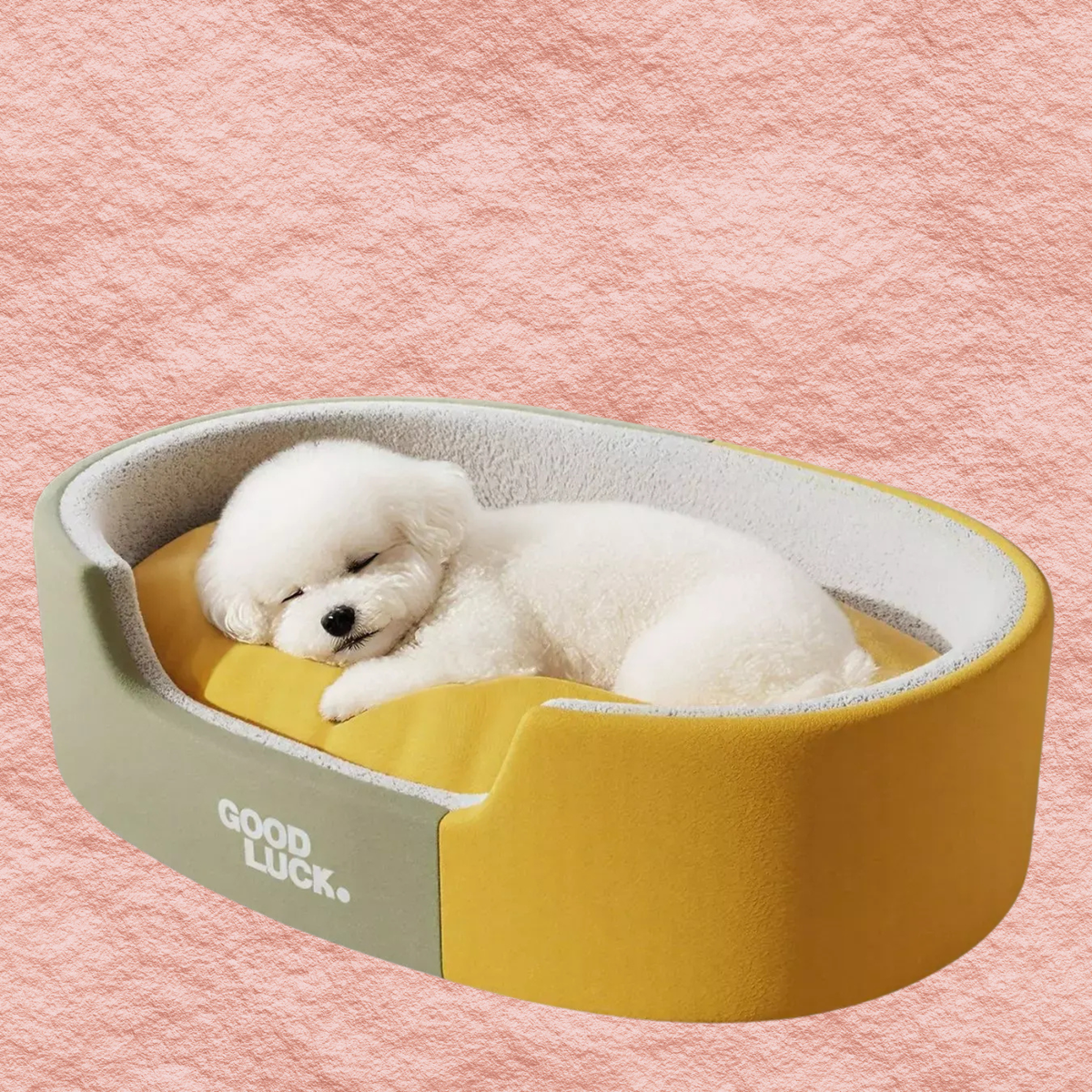 Two-tone oval plush pet nest with yellow interior, olive sides, small dog inside