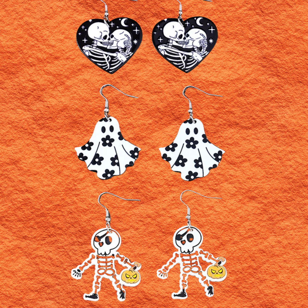 3 Halloween acrylic dangle earring pairs: skull-heart, black-white ghost skirt, skeleton pumpkins