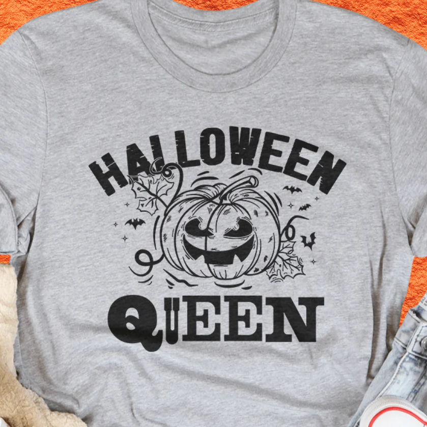 Light gray short-sleeve Halloween Queen graphic tee with jack-o-lantern illustration