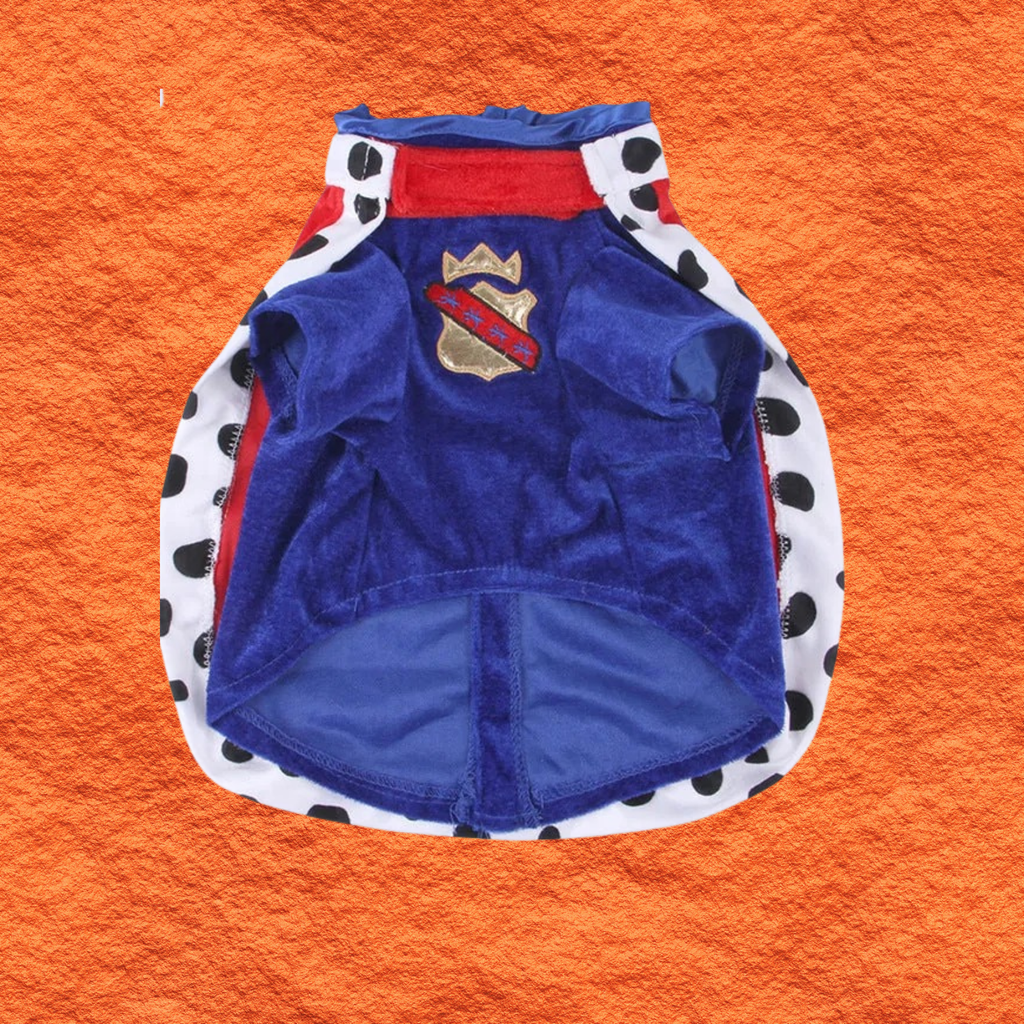 Blue pet king robe with red collar and white spotted trim, front view