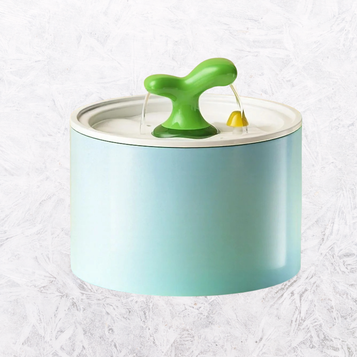 Mint blue automatic pet fountain with central spout and yellow drip outlet