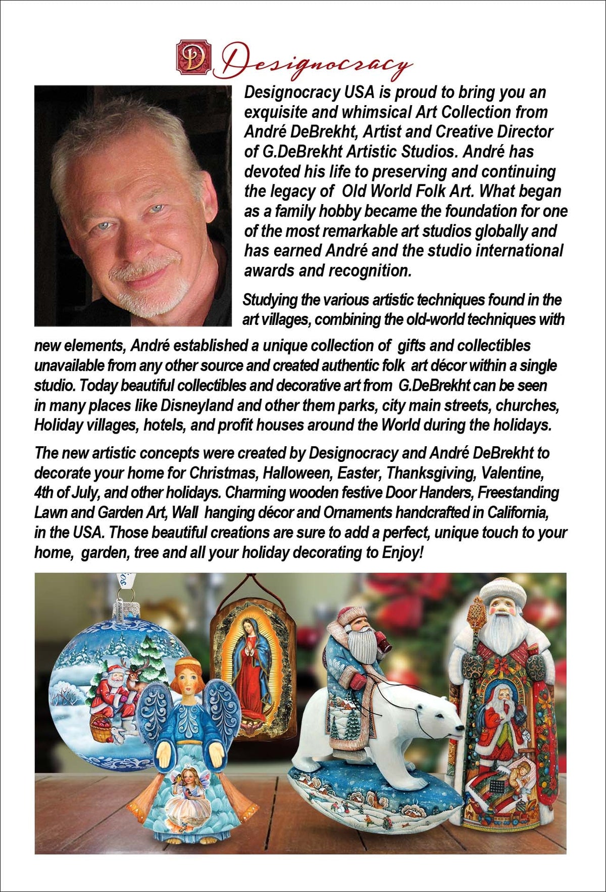 Printed product brochure page with portrait and small scene figurines.