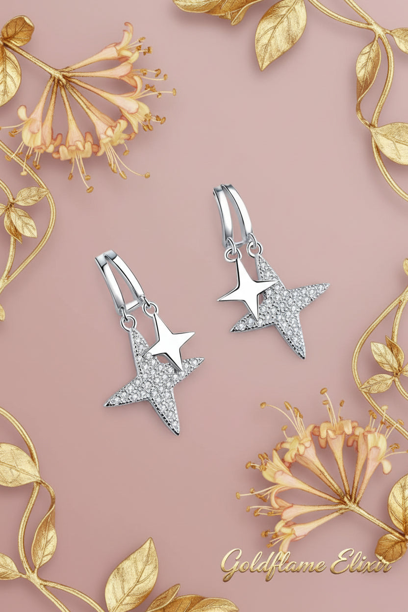 Moissanite Star Rhodium-Plated Drop Earrings - Goldflame Elixir