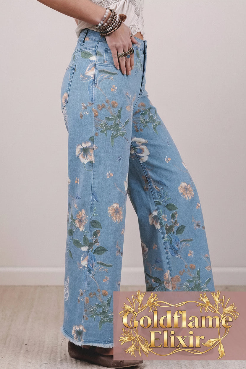Floral Print Wide-Leg Jeans - Stylish Comfort for Every Occasion - Goldflame Elixir