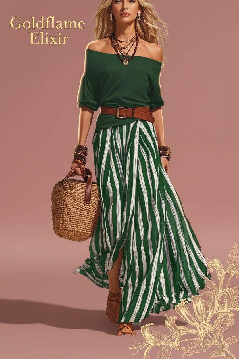 Off Shoulder Top and Striped Maxi Skirt Set with Belt - Chic Two-Piece Ensemble - Goldflame Elixir