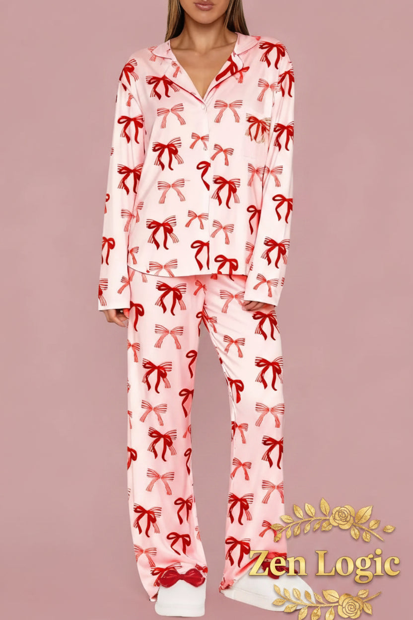 Bow Print Top and Wide Leg Pants Lounge Set - Goldflame Elixir