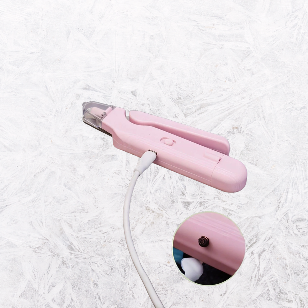 Electric pet nail grinder, blush pink handheld with cord and transparent safety cover