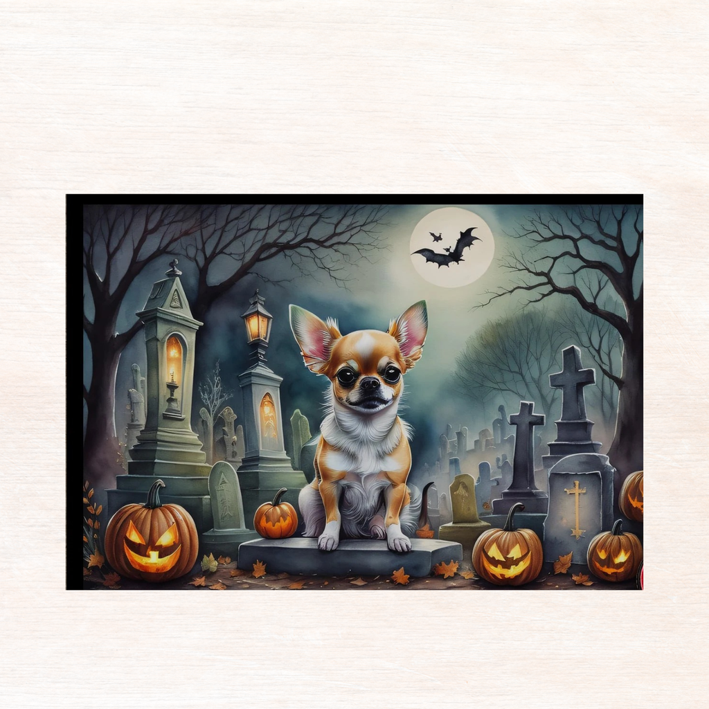 Halloween doormat showing chihuahua portrait in graveyard with bats and jack-o'-lanterns