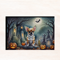 Halloween doormat showing chihuahua portrait in graveyard with bats and jack-o'-lanterns