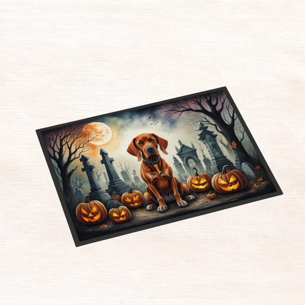 Halloween doormat with brown Vizsla portrait, jack-o-lanterns, tombstones, and bats