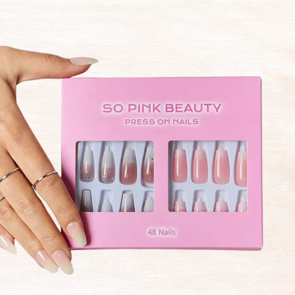 Press-on nail set in box, nude pink and sparkly silver glitter designs, 48 nails