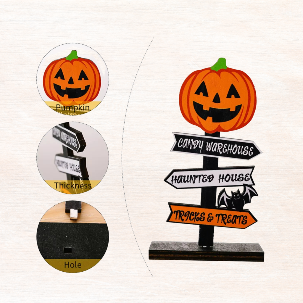 Halloween wooden signpost ornament with pumpkin topper, arrow signs, and black base hole