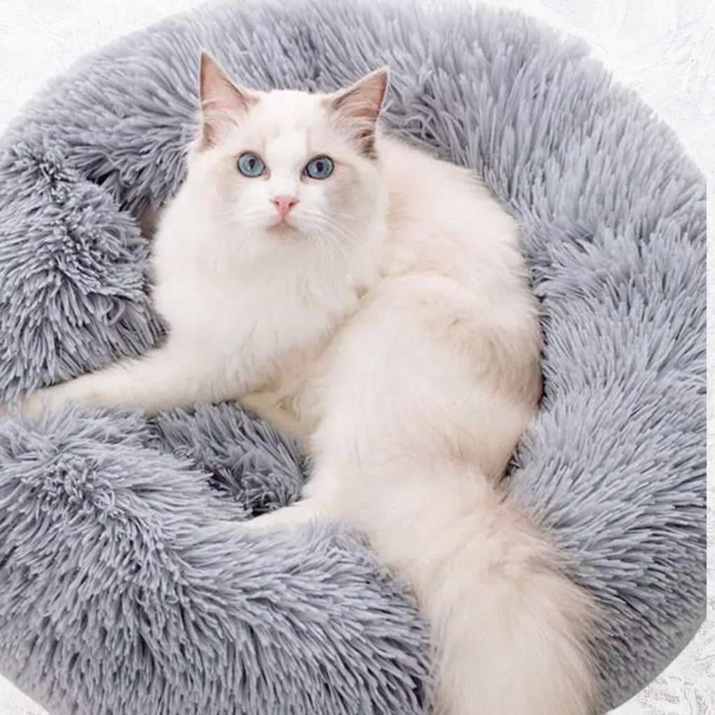 Fluffy plush donut pet nest in light gray, with a white cat lounging inside