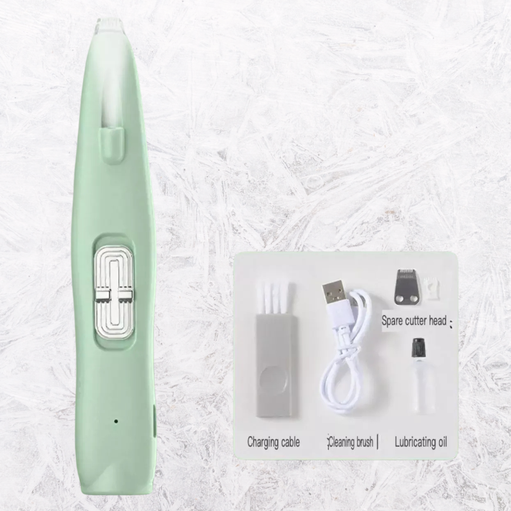 Mint rechargeable pet hair clipper with spare cutter head, charging cable, and brush