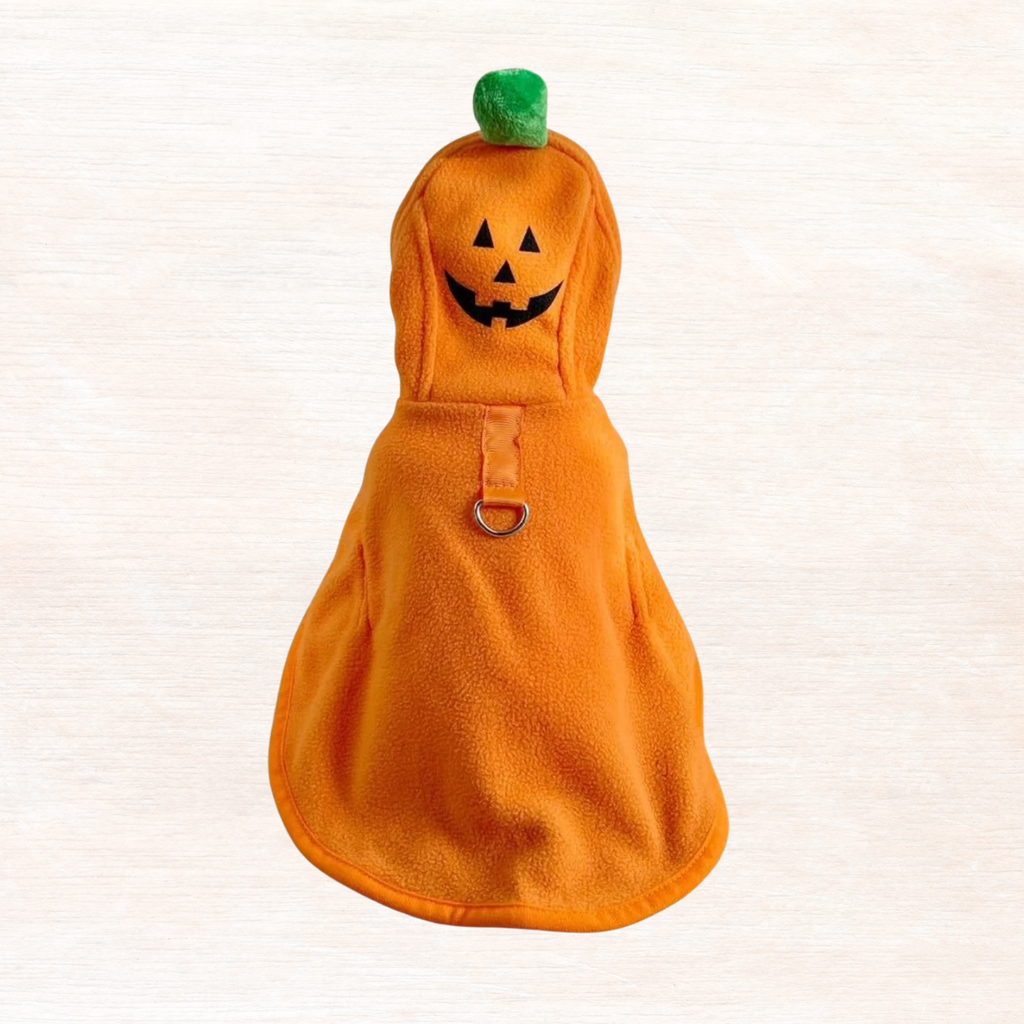 Orange hooded pet costume coat with jack-o’-lantern face and front buckle strap